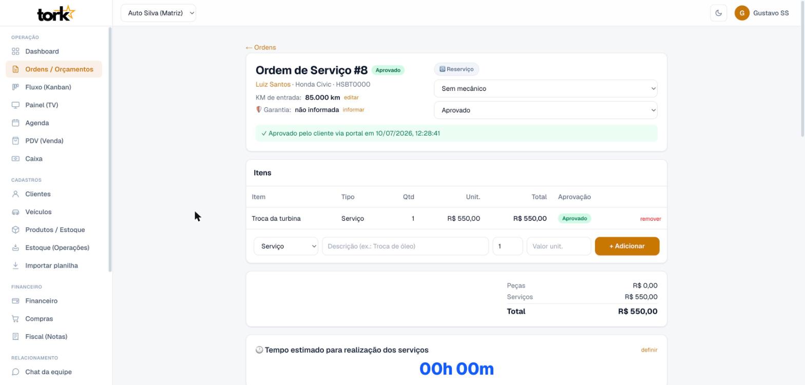 OS aprovada pelo cliente via portal, com data e hora